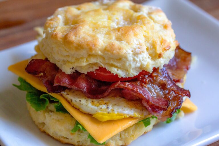 Bacon, biscuit, and cheese sandwich.